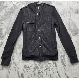 Vintage Fox Racing Jacket Women L Black Speckled Knit Button Front Hooded Casual